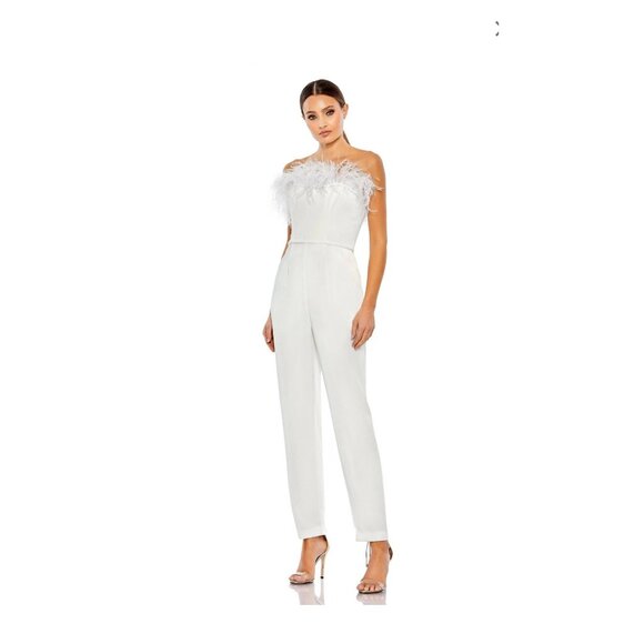 Mac Duggal Strapless Jumpsuit With Feather Trim Size 2 White Crepe Polyester Sle - Picture 2 of 10